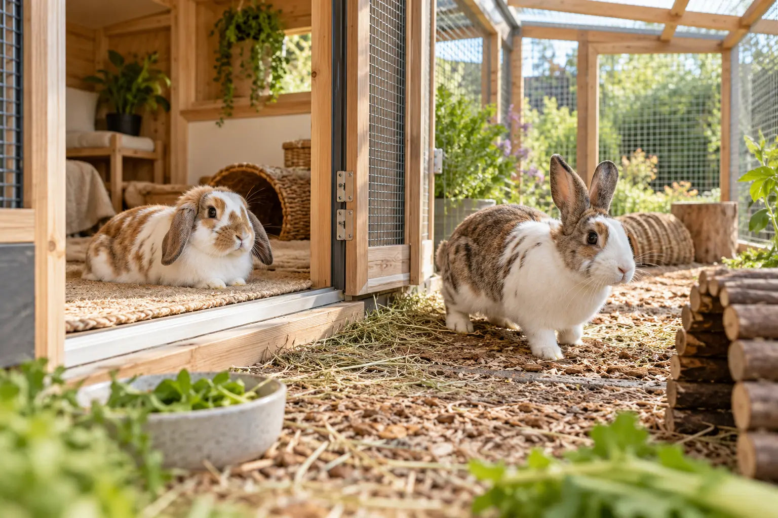 Twee konijnen gebruiken samen een verbonden binnen- en buitenverblijf