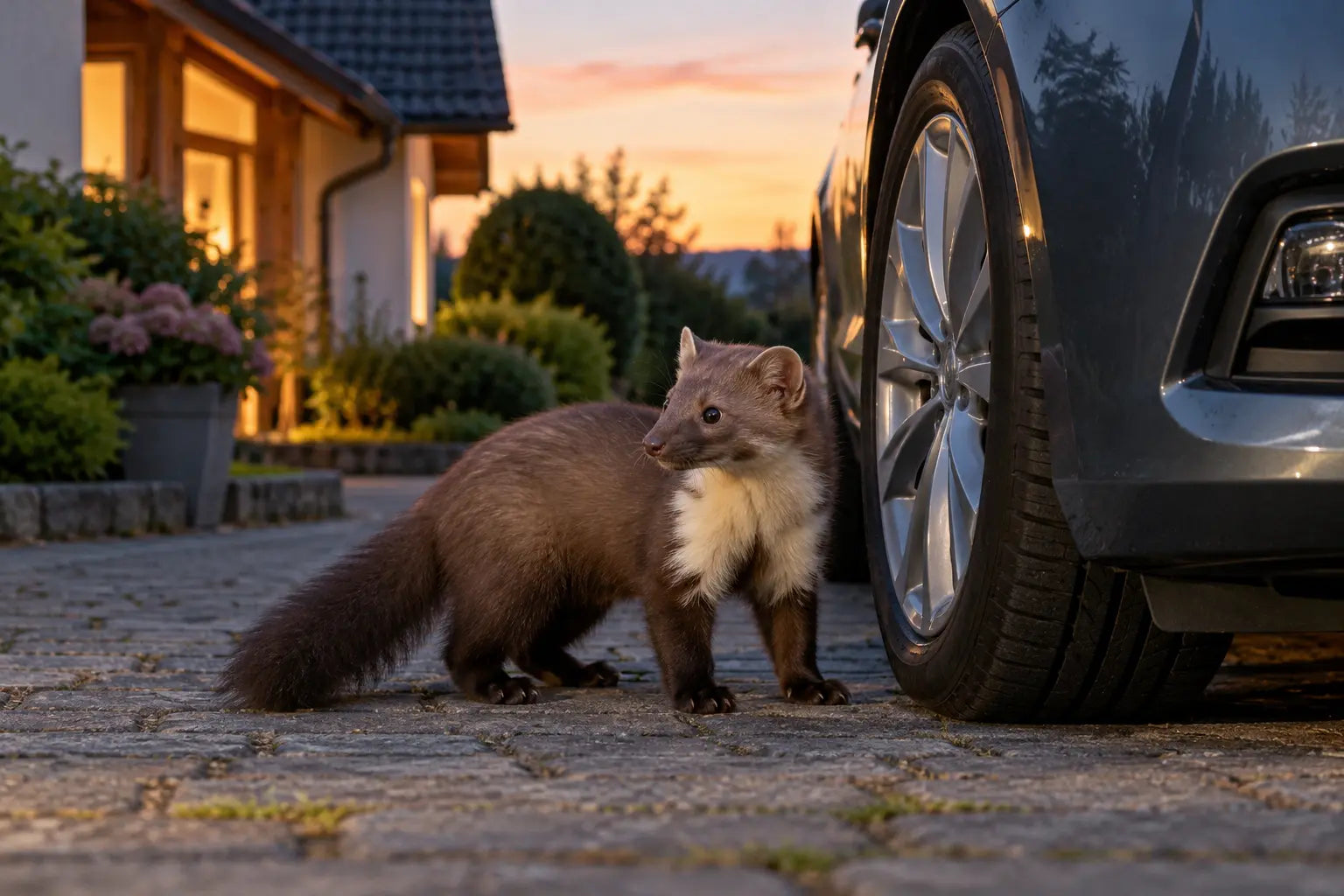 Steenmarter staat bij een geparkeerde auto naast een woonhuis
