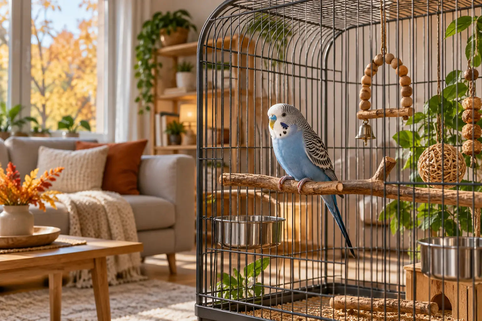 Parkiet zit tochtvrij in een lichte kamer tijdens de herfst