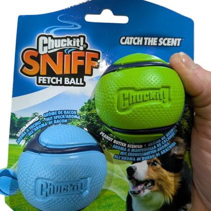 Chuckit Sniff Apportboll Combo – Apportbollar med doft av jordnötssmör och bacon – 6 cm (2 st)